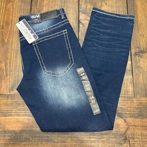 True Luck Jeans Mens 34x32 Straight Dark Wash faded Denim Classic‎ Stretch, nwt